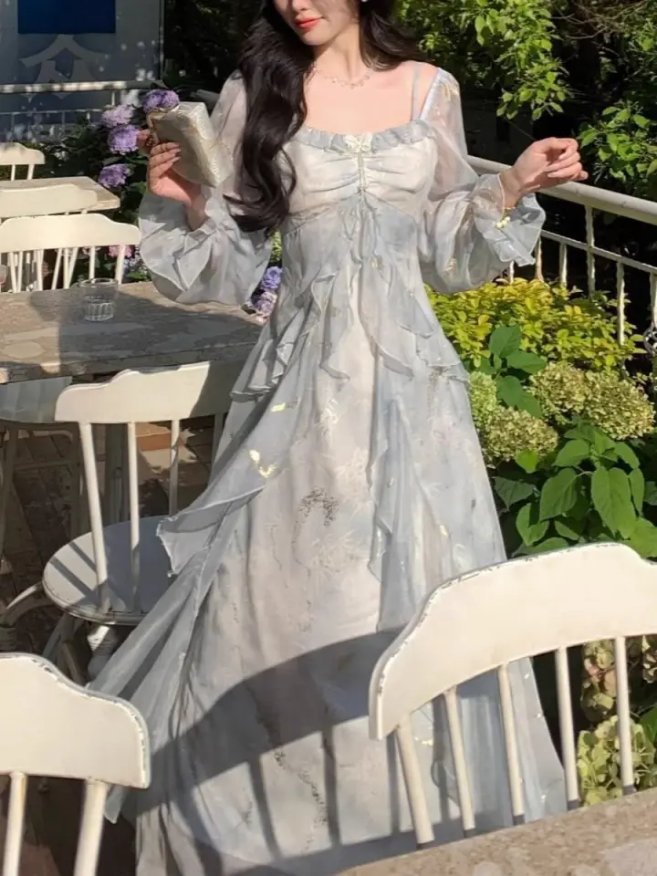 Flowy Chiffon Tiered Women's Prom Gown Pale Blue Corset Maxi Evening Dress Birthday Dress — Fall Outfit 2026 New RS3198