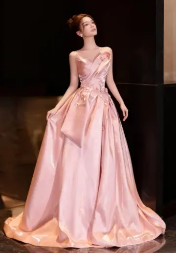Silky Satin Hazy Corset Prom Gown ,Gentle Pink Maxi Evening Dress Birthday Dress RS1956