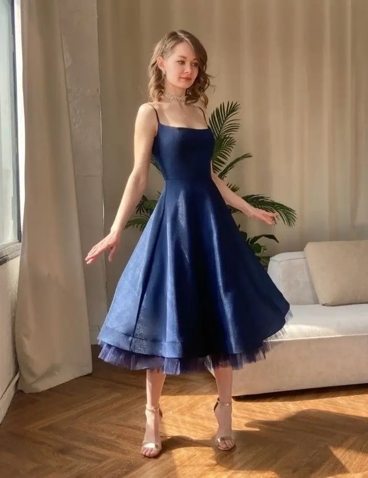 Dark blue suspender waist slim A-line long skirt homecoming dress R3965