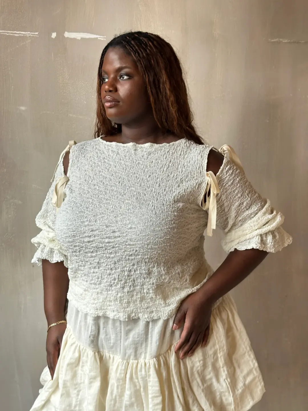 Spring'26: Detached Half Sleeve Top in Textured Ivory Cotton (In Stock)