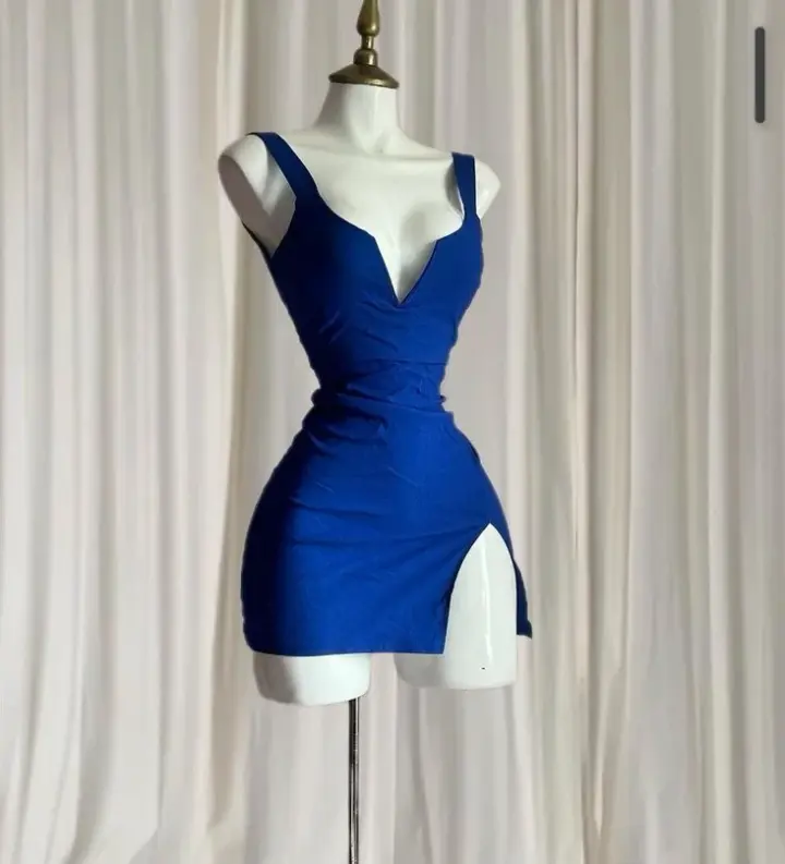 Dark blue suspenders waist slim fit sexy slit short skirt homecoming dress R3115