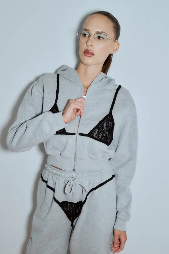 Lace Bikini Bod Zip-Up Sweatshirt Gray/Black
