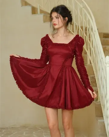 Burgundy Square Neck Mini Dress with Ruffle Trim, Ruched Puff Sleeves & Smocked Back R9183