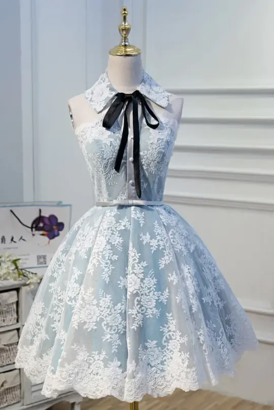 Pretty Pale Blue Homecoming Dress , Lace Embroidery Corset Mini Birthday Dress RS1475
