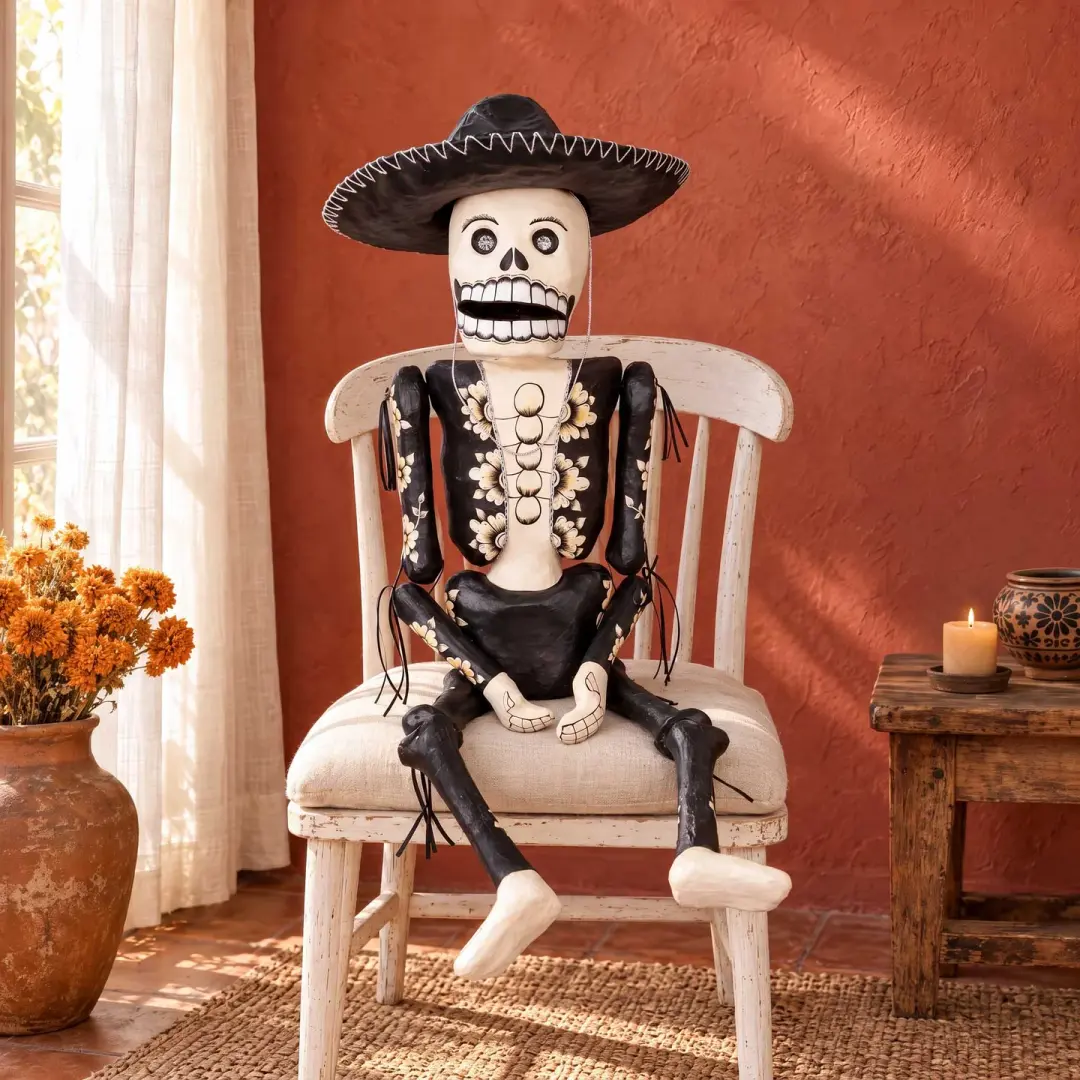 Papier Mǎche Large Catrin Skeleton Mariachi Sculpture