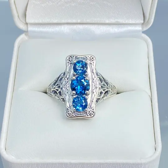 Natural London Blue Topaz Ring, Size 10, Three Stone Vintage-style Sterling Silver Filigree D60 -Ready to Ship