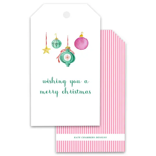 Pink and Green Watercolor Ornament Holiday Gift Tags, Set of 12