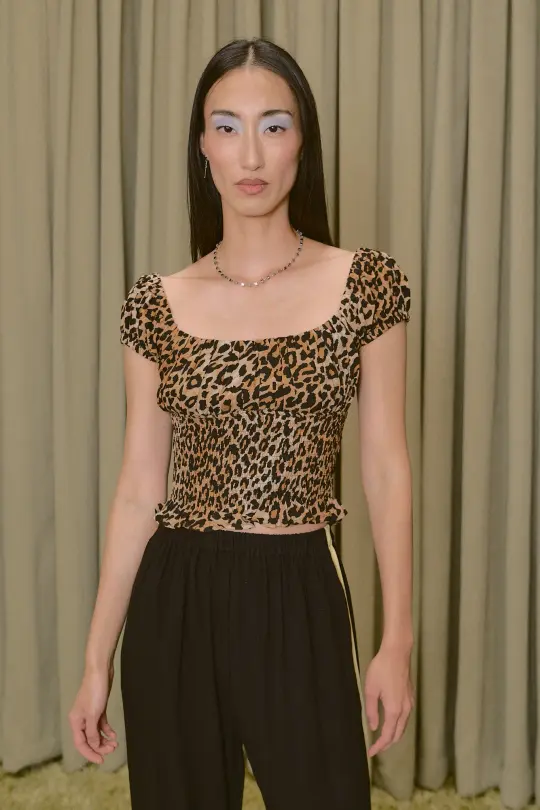 Soft Linen Smocked Waist Blouse Leopard