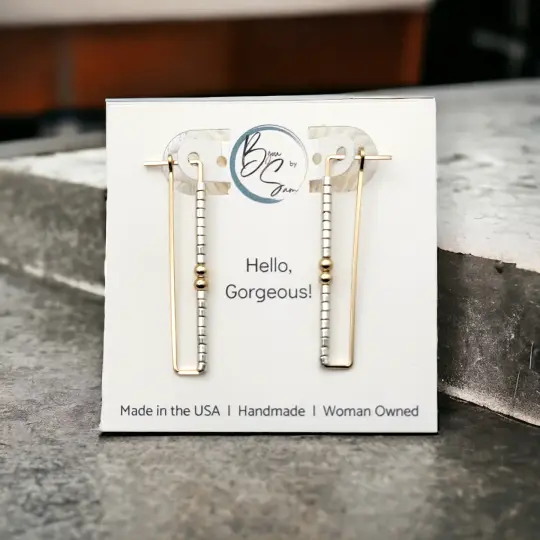 Modern Mixed Metal Rectangle Hoop Earrings - Handmade