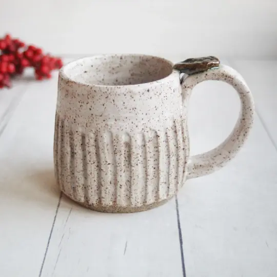Hand Carved Speckled Pottery Mug in Matte White Glaze, Made in USA