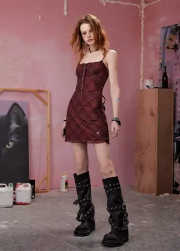 Punk Style Red Plaid Dress With Sheer Mesh, Ruched Detail And Adjustable Straps R9312