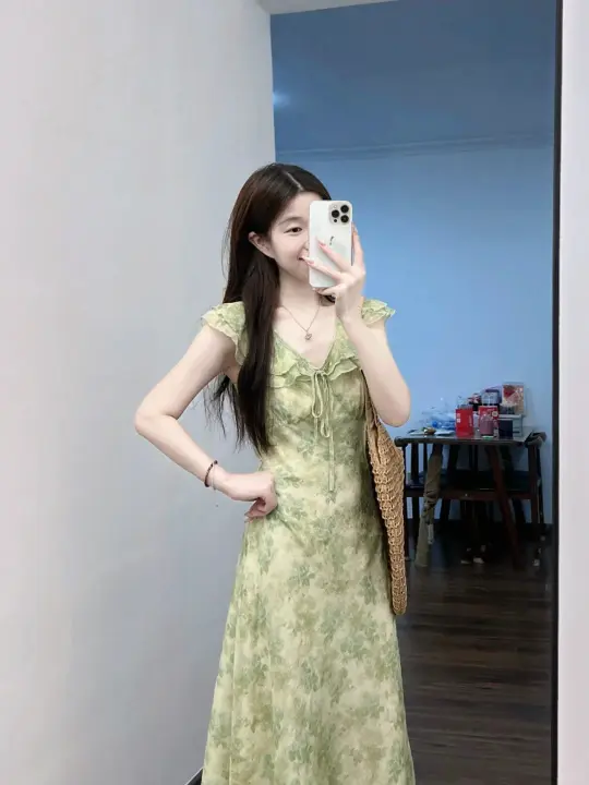 Green Floral Ruffle Trim Midi Dress R9122