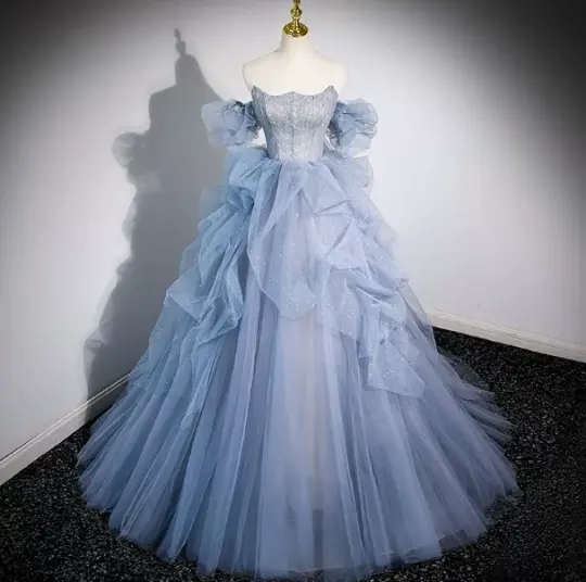 Puffy Tulle Beaded Corset Prom Gown , Pale Blue Women's Maxi Evening Dress Quinceanera Dress RS2386