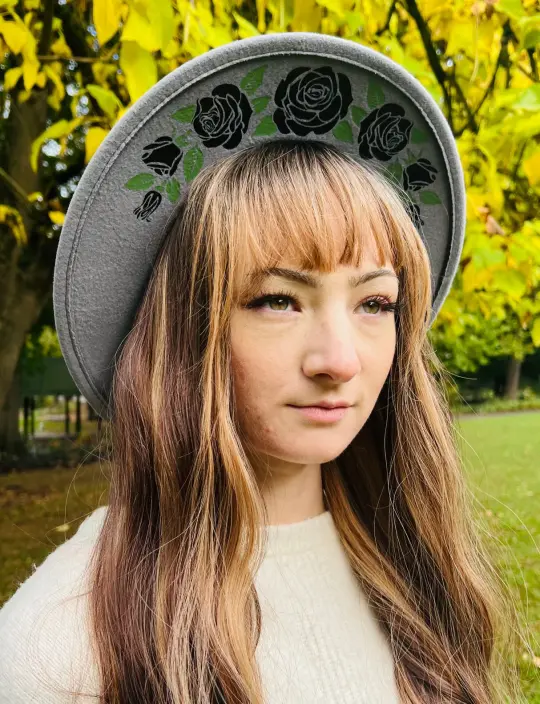 Grey Black Roses Vegan Felt Wide Brim Hat