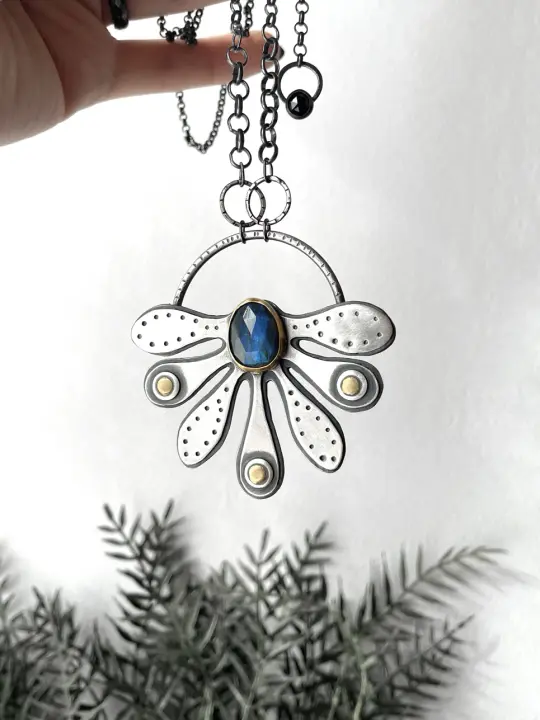 Minoan Inspired Flower Pendant with Labradorite and 14k Gold Details