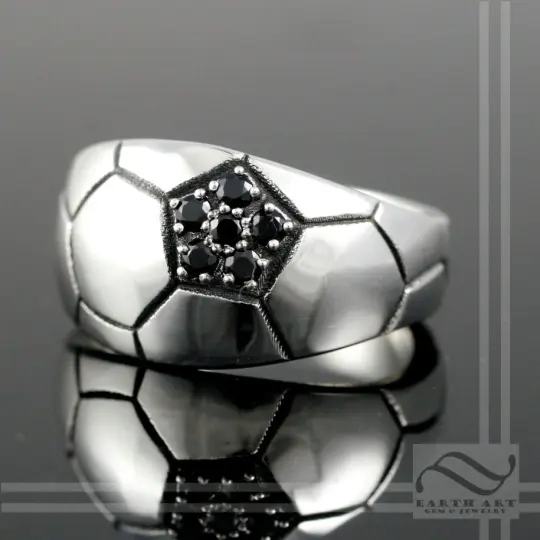 Soccer Ball or FutBall ring - Sterling Silver with Black Diamonds