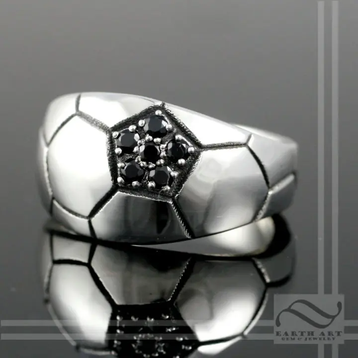 Soccer Ball or FutBall ring - Sterling Silver with Black Diamonds