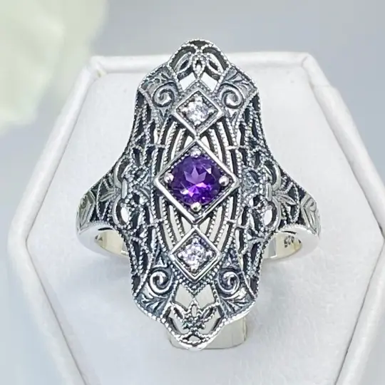 Natural Amethyst Ring, Size 7, Art Deco 1920s-30s, Gatsby style Jewelry D593 - Ready to Ship