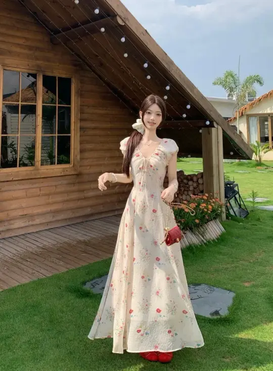 French Cottagecore Floral Long Dress with Tie Front and Smocked Waist R9128
