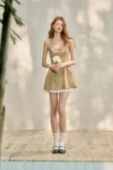 Camel Halter Mini Dress with Lace Trim Neckline, Layered Lace Hem and Fitted Flared Silhouette R9262