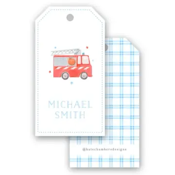 Watercolor Blue Gingham Firetruck Gift Tag