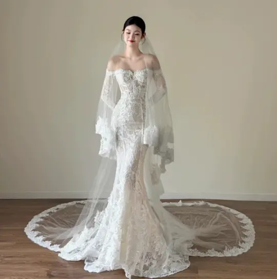 Gorgeous White Mermaid Bateau Lace Bodycon Maxi Wedding Dress RS760