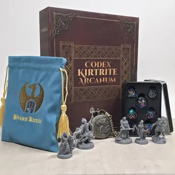 Premium dice advent calendar in the Codex Kirtrite Arcanum grimoire box with a sharp edge dice set in a metal tin, pocket watch dice set, velvet dice bag and unpainted 3D printed miniatures