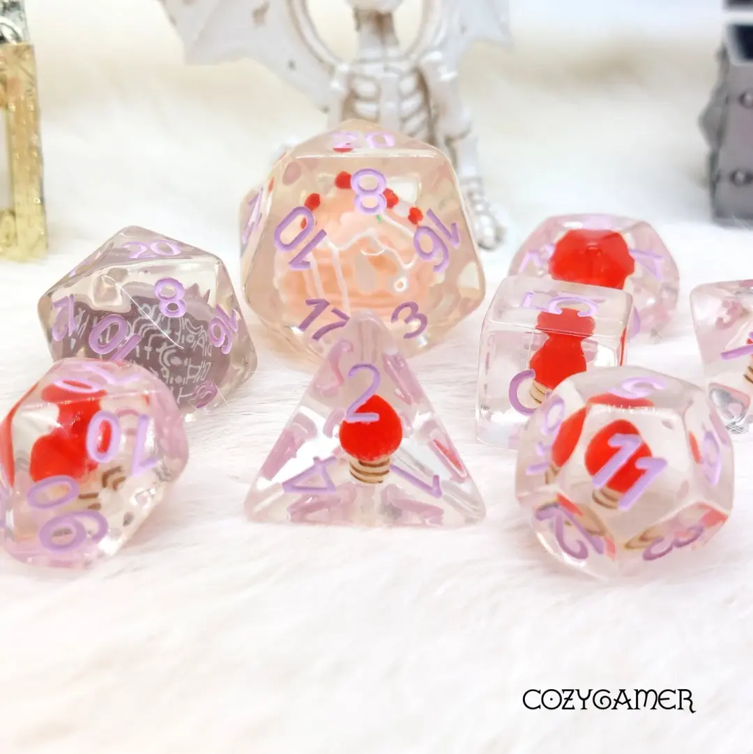 Happy Birthday Dice Set – 8-Piece Clear Cake Candy Extra D20 DnD Dice
