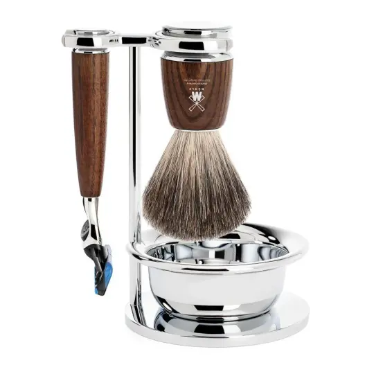 MÜHLE RYTMO 4 Pc. Shaving Set, Pure Badger Brush & Gillette® Fusion™ Razor, Steamed Ash