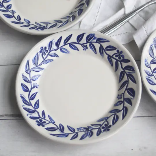 Set of Four Dessert Dishes, Blue Vine, Handmade Dinnerware, Made in USA