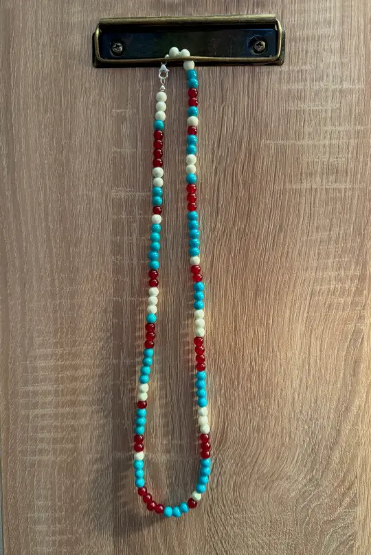 Turquoise Blue, Red, and White Glass Bead Necklace with Sterling Silver Clasp