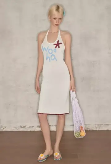 Fairycore White Knitted Halter Dress With "Woo Ha" Embroidery And Bodycon Fit R9280