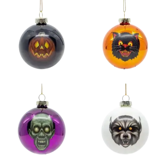 Ghoulish Glass Ornaments 4 Pack - Halloween Glass Baubles - Spooky Christmas Decorations
