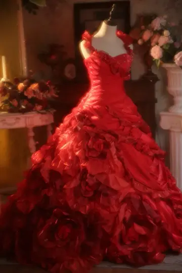 Red Halter-Neck Waist-Cinched Puffy-Hem Ball Gown, Bridal Gown R7336