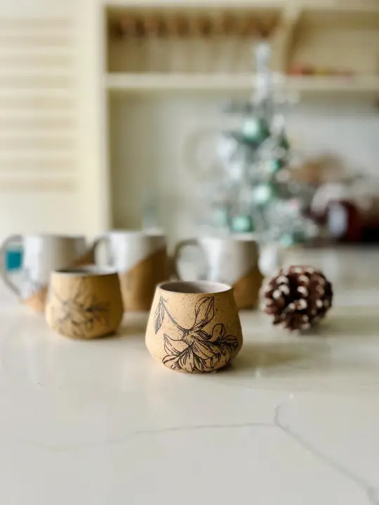 Flower Espresso Cup - White & Speckled Stoneware - Handmade Ceramic Coffee Mug - Small Tumbler Gift-