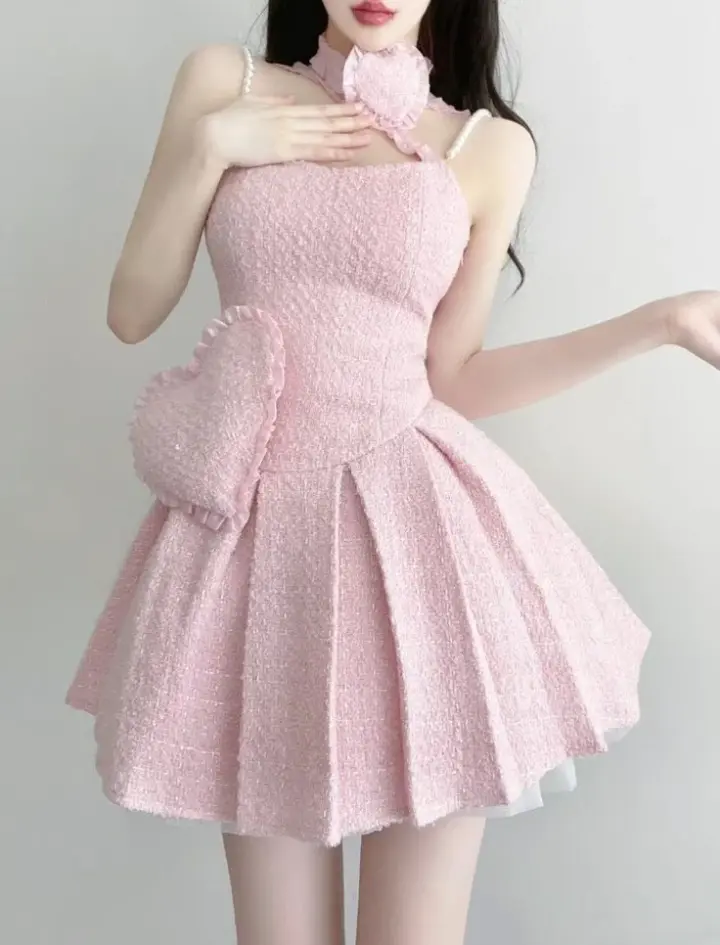 Pink suspenders three-dimensional heart waist pleated skirt short skirt homecoming dress R3519
