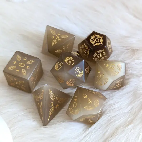 Acorn and Oak Light Brown Cat's Eye Dice Set – Engraved Gemstone DnD Dice | Fennek & Finch