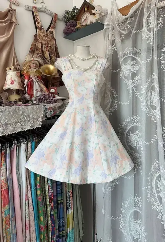Light pink floral print halter-neck A-line short prom dress R7822