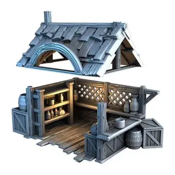 Unpainted 28mm 3D-printed market stall with plank awning and shelves — tabletop RPG terrain for D&D, Pathfinder & wargaming