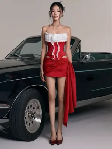 White neckline tube top red top charming sexy hip red skirt homecoming dress R4810