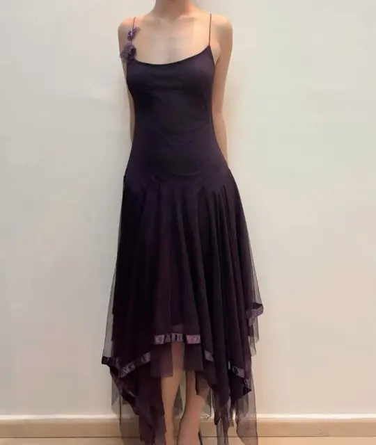 Vintage dark suspenders waist irregular skirt long dress prom dress homecoming dress R2967