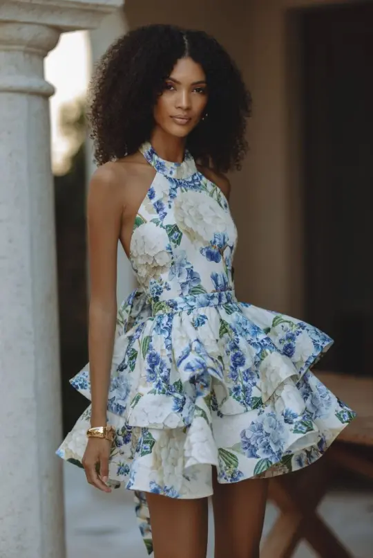 Retro blue and white pattern halter neck round neck waist slimming puffy skirt homecoming dress R3483