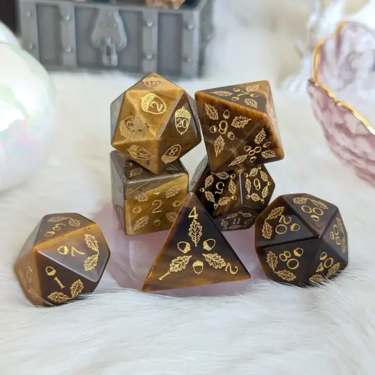 Acorn and Oak Tiger Eye Dice Set – Engraved Gemstone DnD Dice | Fennek & Finch