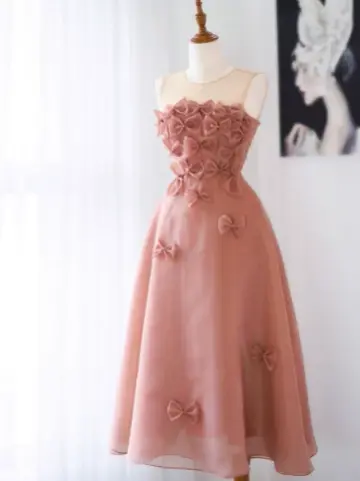 Princess Pink A-Line Strapless Mini FlowingDress with Bow-knot Embroidery Birthday Dress Party Dress RS040
