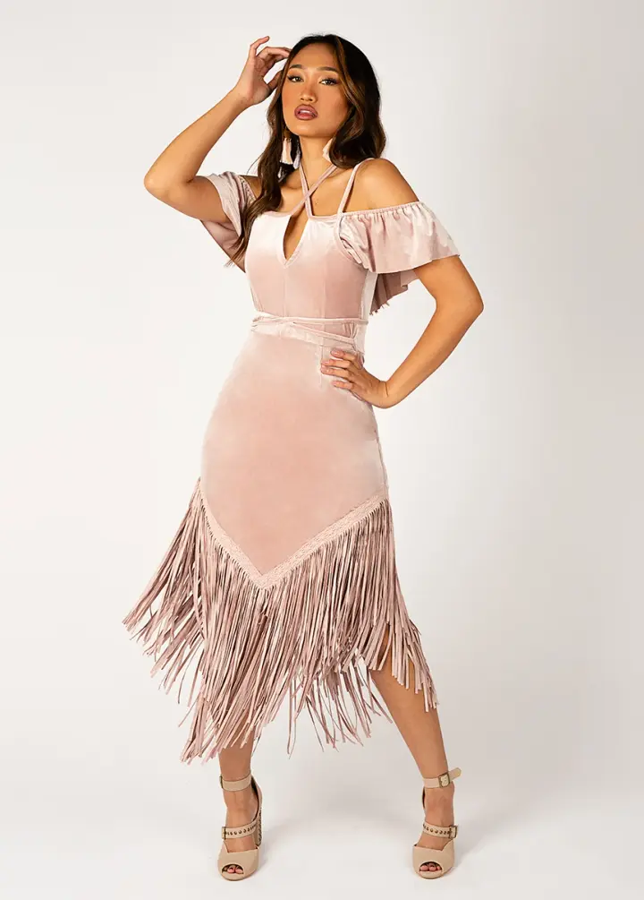 Klara Fringe Dress in Nude Pink