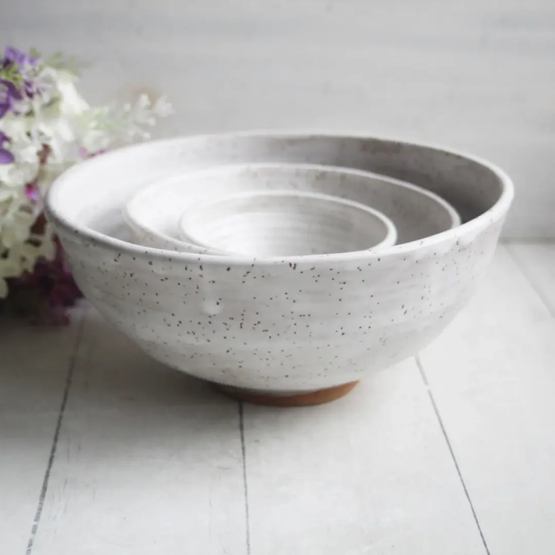 Set of Three Rustic White Speckled Nesting Bowls, Handcrafted Mismatched Sale, Made in USA