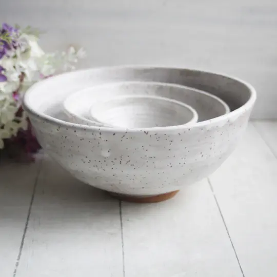 Set of Three Rustic White Speckled Nesting Bowls, Handcrafted Mismatched Sale, Made in USA