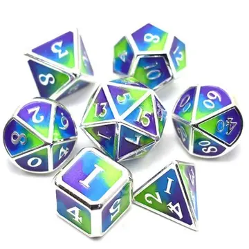 Tri-Color Metal Dice Set – 7-Piece Green Blue Purple Silver Trim DnD