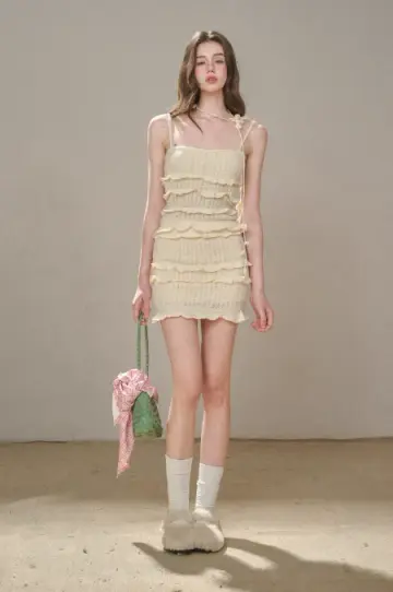 Soft Knit Cream White Dress with Tiered Ruffle Hem, Floral Detail and Form-Fitting Silhouette R9270