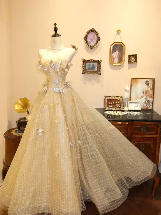 Light yellow strapless fitted long wedding dress R6581